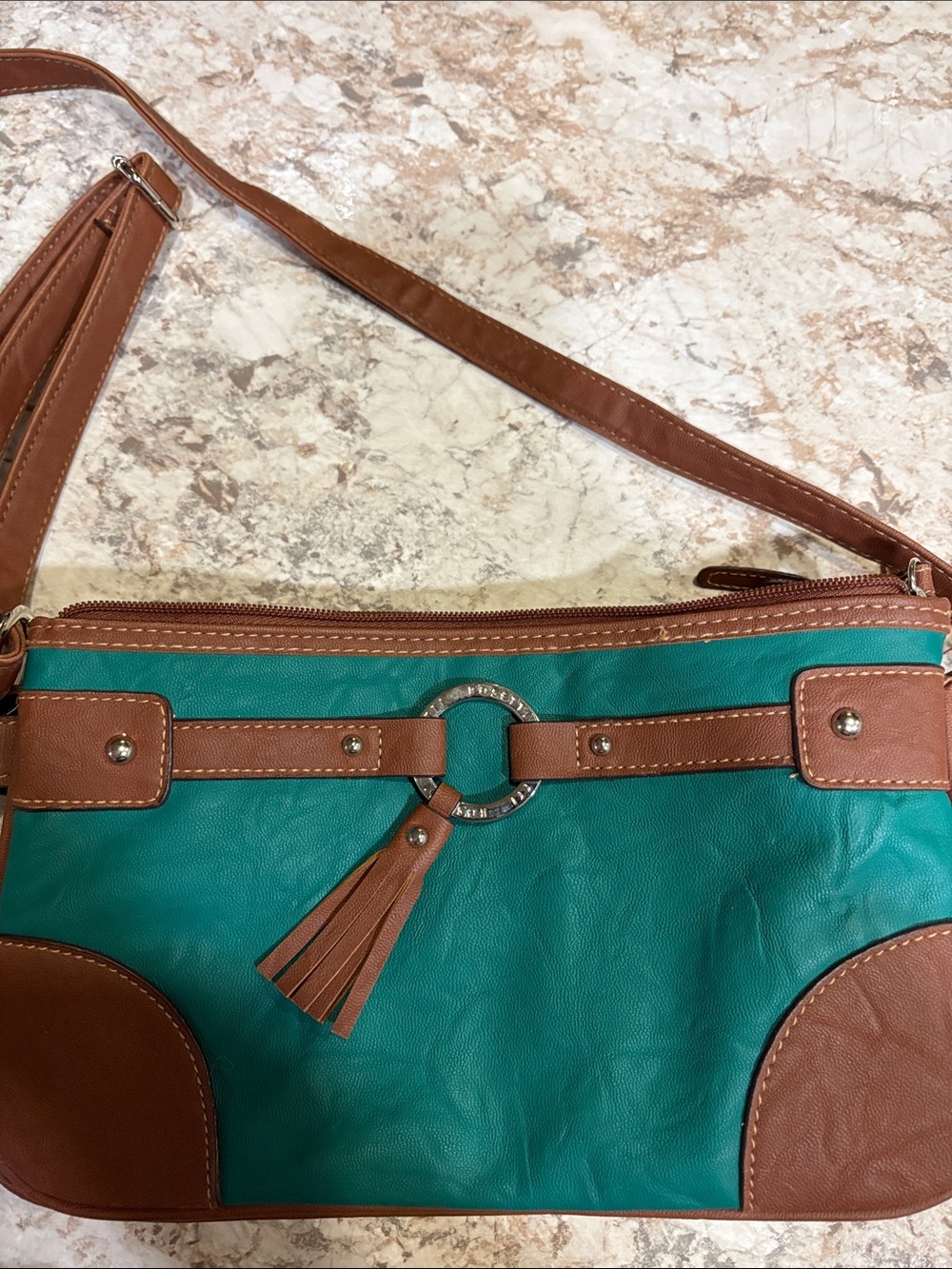 Rosetti Teal and Brown Shoulder Bag with Tassel Ring Accent